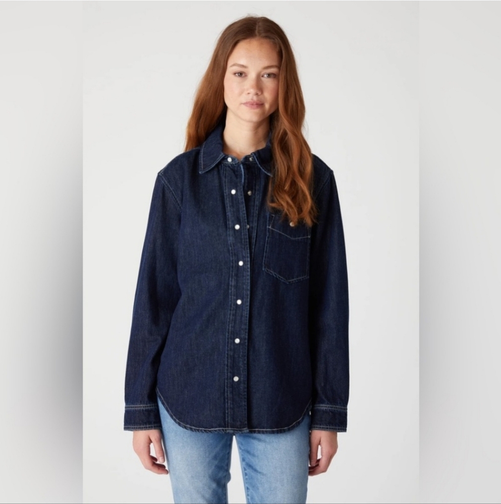 Blank NYC Shot Caller NWT Pearl Snap Dark Wash LS Denim Shirt Womens Size S - Picture 14 of 15